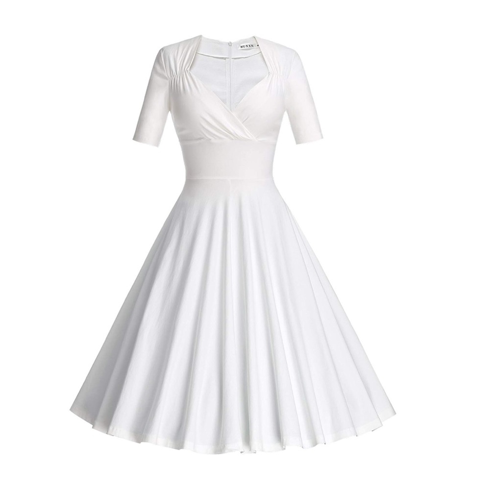 50s Vintage Inspired White Pleated Swing Dress